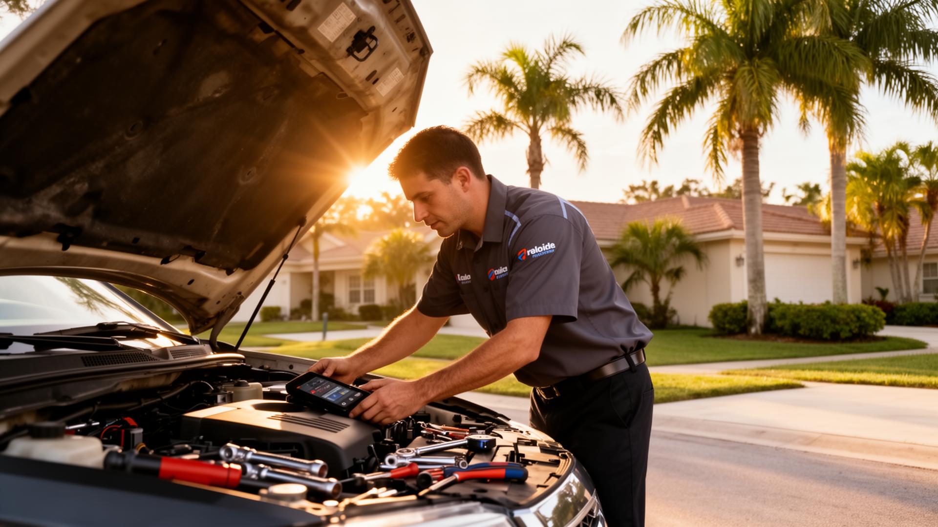 Mobile mechanic replacing a car battery in a driveway in the St. Andrews area of Panama City, FL